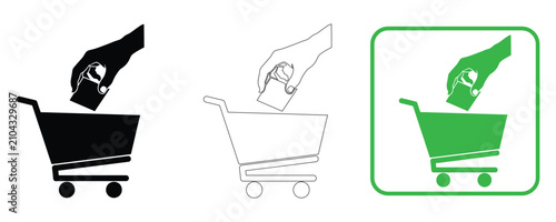 Shopping cart deposit icon set black outline and green versions for retail and e commerce