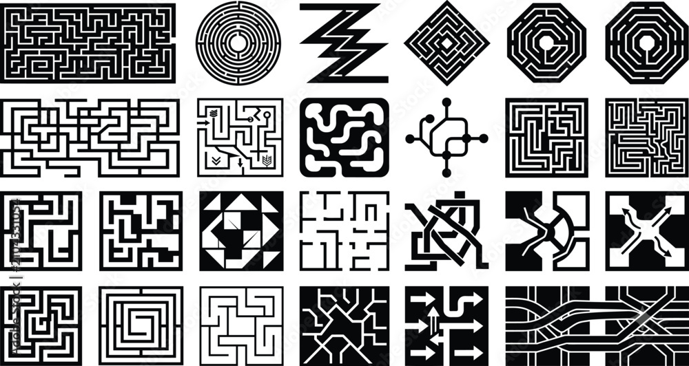 Fototapeta premium Maze Puzzle and Labyrinth Vector Icon Collection with Geometric Path Design Set