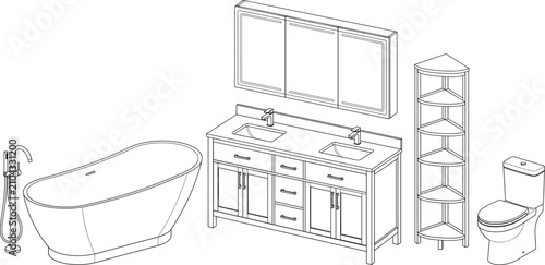 Canvastavla Isometric bathroom furniture set with double vanity sink bathtub toilet and cabi