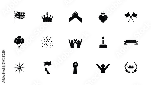 Schilderij op canvas Black and white flat icons set celebrating victory royalty unity with modern sil