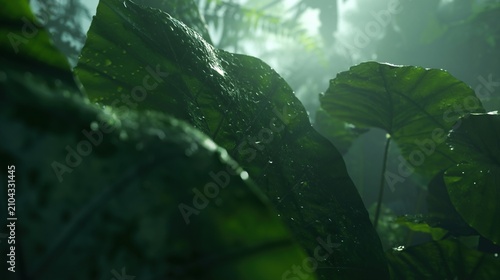 Lush tropical foliage background with overlapping leaves