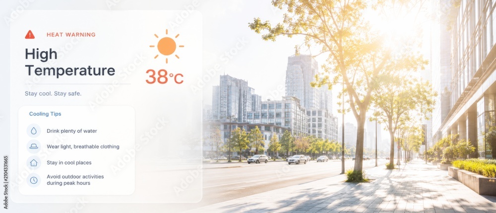 Obraz premium Heatwave warning with high temperature alert and urban summer street background