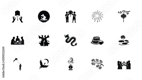 Black and white cultural celebration icon collection with evoking traditional festivities communal joy symbols with showcases minimalist black