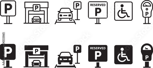 Parking icon set with 12 vector elements, black and white car park signage, reserved parking symbols and handicap accessibility icons for urban navigation