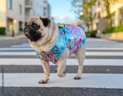 Small dog wearing colorful patterned raincoat walking on city street.