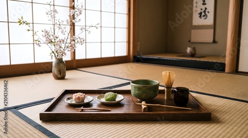 Elegant japanese matcha tea set prepared on wooden tray floor.