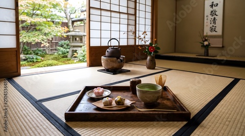 Traditional tea ceremony setup on mat in quiet japanese room.