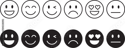 Photography Minimalist emoji face icons set, 12 vector emoticons in outline and solid black