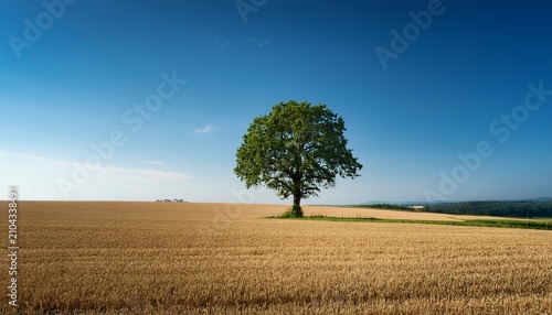 Solitary Tree In A Peaceful Open Field Under A Clear Blue Sky