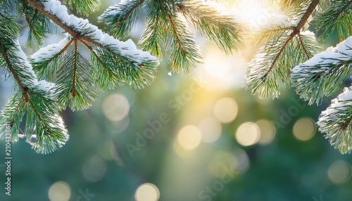Snow Covered Pine Branches With Sun Rays And Bokeh Abstract Forest Green Background Winter Nature