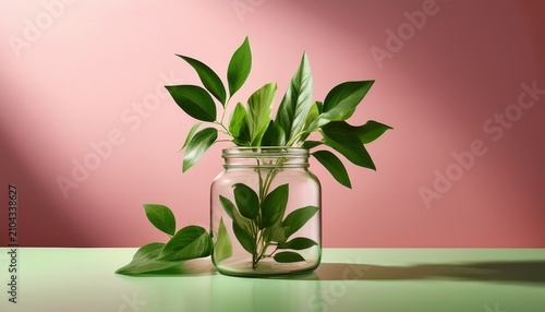 Fresh Green Leaves Arrangement In Glass Jar On Pink Background Creating A Vibrant Nature Still Life
