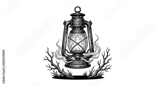 Foto Antique oil lantern surrounded by dry branches.
