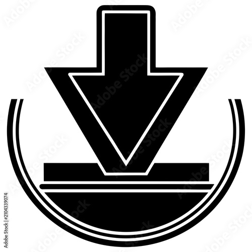 Black and white minimalist of a downward arrow symbolizing file download or data transfer into a tray