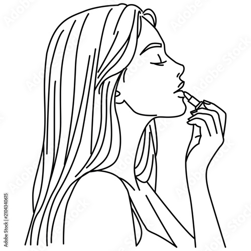 girl in profile applies lipstick to her face with a line drawing