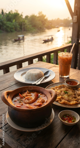 Authentic Thai meal set with Tom Yum Goong and Thai omelet on wooden table, creative food art illustration