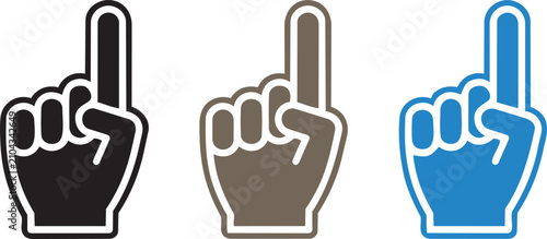 Foto Three Foam Fingers: Three foam fingers in black, brown, and blue stand out, representing a singular point or victory