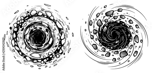 Obraz na płótnie Cosmic vortex portal with flying debris and rotating space dust in vintage engra
