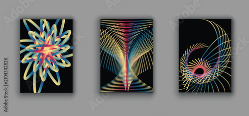 Abstract Colorful Geometric Line Art Poster Set, Spiral Wave Pattern Wall Art Design on Black Background   