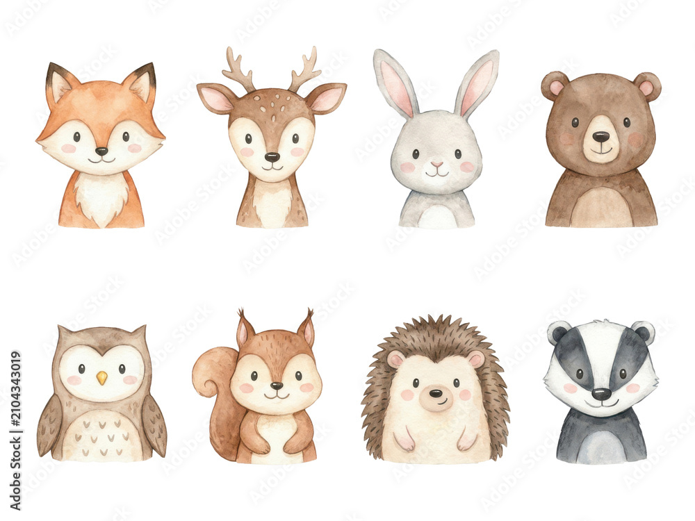 Naklejka premium Adorable woodland animal clipart set featuring forest creatures and nature elements