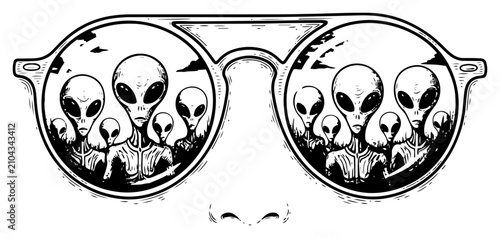 Fotografía Sunglasses reflecting crowd of alien faces in detailed engraving style