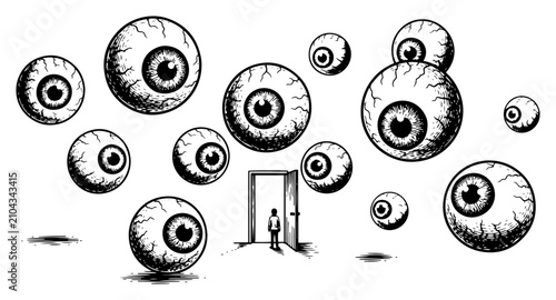 Bild auf Leinwand Multiple floating eyeballs surrounding open door with small figure in surreal en