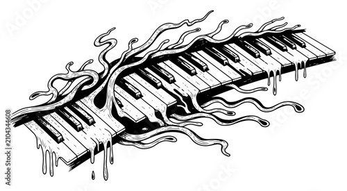 Photography Melting piano keys with smoke and liquid in surreal woodcut style