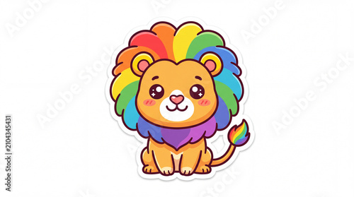 Colorful cartoon lion with a cheerful expression and a vibrant, rainbow mane, suitable for a sticker design
