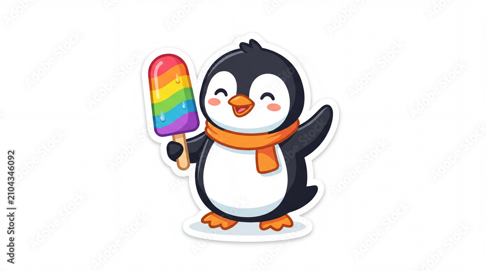 Obraz premium Cute cartoon penguin happily holding a colorful rainbow popsicle while wearing an orange scarf