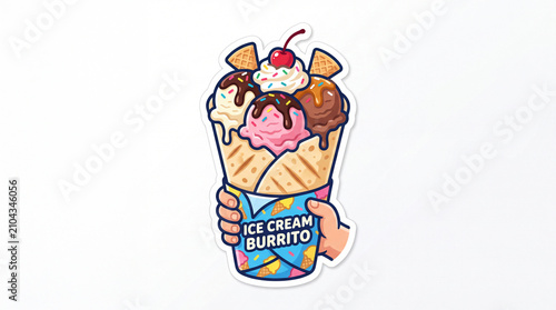 A cute sticker illustration of a hand holding a colorful ice cream burrito with sprinkles and cherry on top