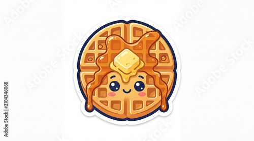 Illustration of a happy, cartoon waffle with butter and syrup, featuring a cute expression and smiling face