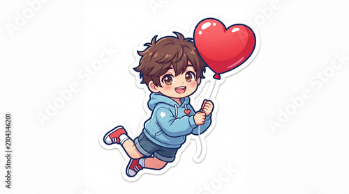A playful young boy in a blue hoodie joyfully holding a red heart-shaped balloon while floating mid-air against a white background