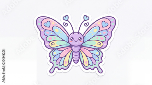 A whimsical, colorful butterfly sticker featuring pastel hues, heart shaped accents, and a cheerful expression