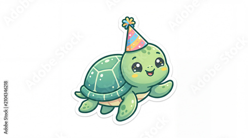 Cute cartoon turtle wearing a birthday hat with a joyful expression, ideal for celebration themes and children's designs