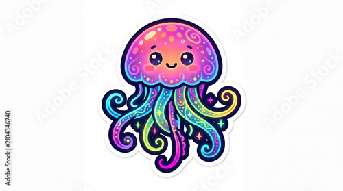 Whimsical jellyfish sticker design featuring vibrant colors, cute facial expression, and swirling tentacles
