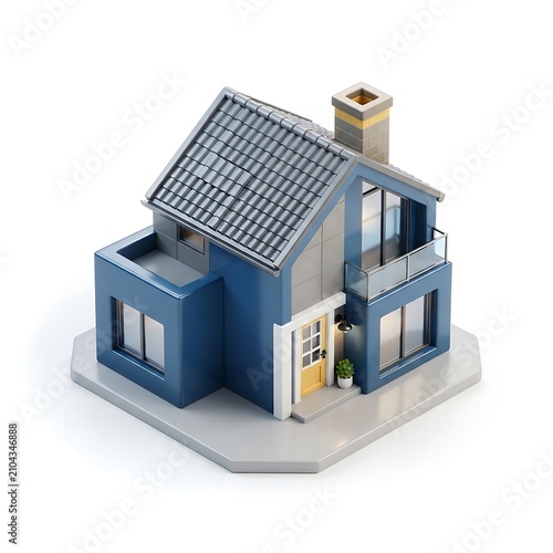 Small modern blue residential house with a yellow front door in a stylish isometric view