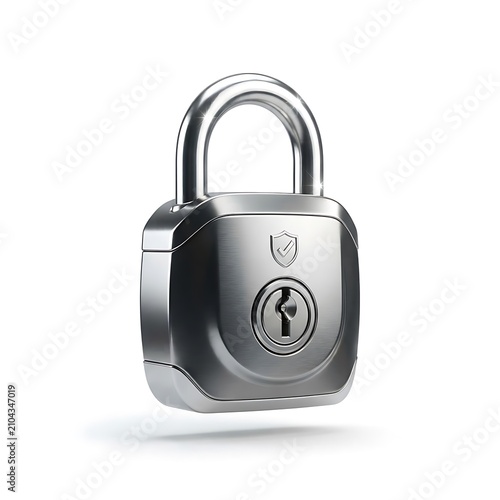Shiny brushed metal padlock featuring a secure shield icon isolated against a clean white studio background