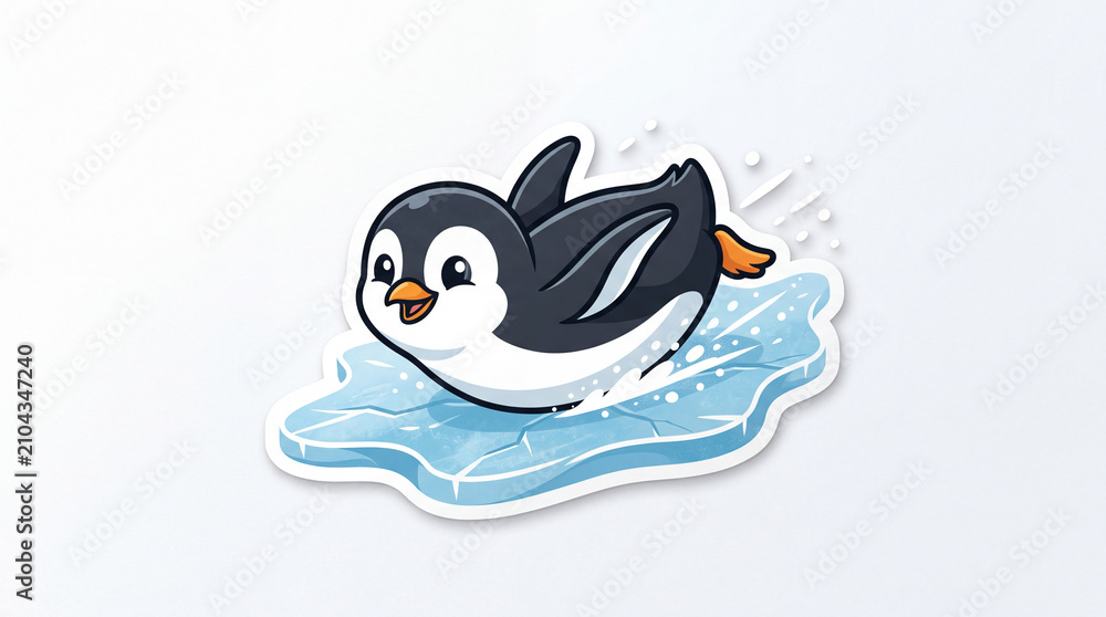 Obraz premium Cute penguin sliding on ice with splashing water droplets, joyful expression, vibrant colors, cartoon style, winter theme