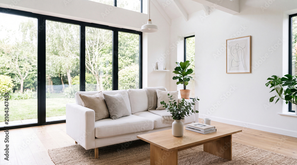 Fototapeta premium Modern living room with a white sofa and wooden coffee table, surrounded by greenery through large windows
