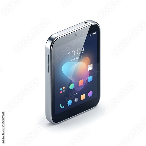 Modern silver smartphone featuring a sleek glass display with colorful abstract icons on white background