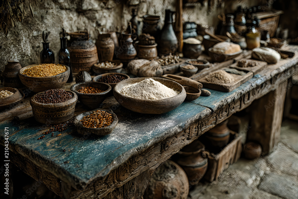 Fototapeta premium Timeless baking heritage display highlighting handmade ingredients traditional kitchen craftsmanship pictures