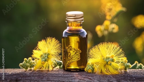 Herbal Tincture Bottle With Blooming Mullein Plant In Focus