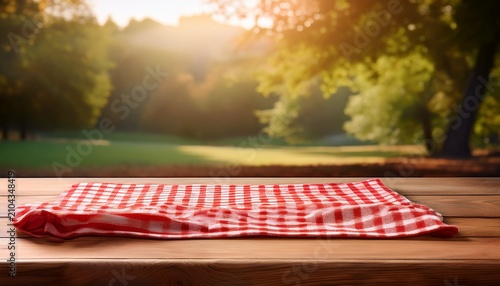 Red Checkered Picnic Cloth On Wooden Table Empty Space Background