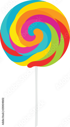 A round sweet sugar treat featuring a vibrant swirl of rainbow colors on a stick representing classic childhood snacks enjoyed during festivals and parties with bright saturated hues and fun
