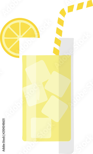 Chilled lemon beverage served in a glass container with ice cubes and a striped drinking vessel straw featuring an acidic fruit slice for a tasty summer refreshment experience during sunny days
