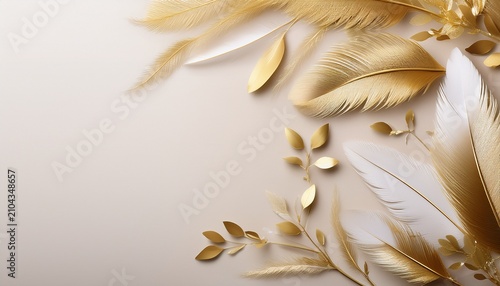 Diseno De Invitacion O Diseno Para Boda O Evento Celebracion Con Ramas De Hojas En Dorado Y Plumas Delicadas Y Suaves Con Espaci Opara Copiar