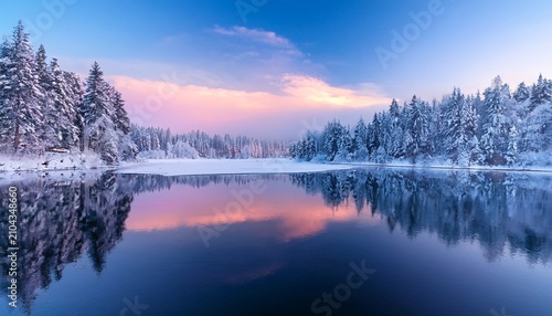 Serene Winter Landscape Frozen Lake Reflecting A Pastel Sky And Snow Covered Trees At Dawn