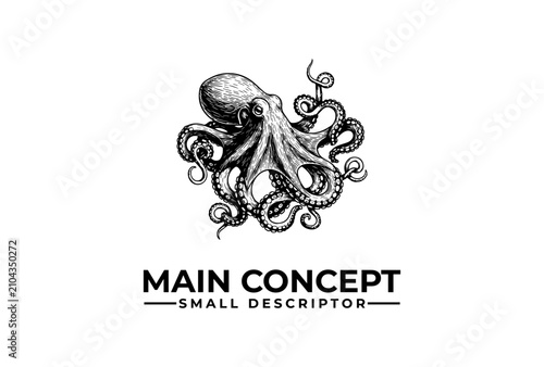 Octopus illustration displays intricate ink details and sweeping tentacles to represent complex multitasking or multi-faceted business strategy in a minimalist design format.