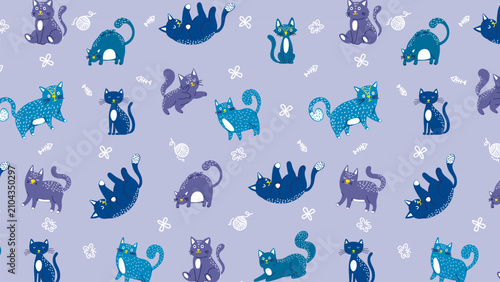 Seamless pattern with cute blue and purple cats in different poses on a lavender background