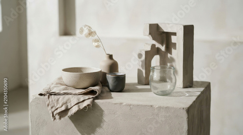 Contemporary still life with matte ceramics, folded linen, glass vessel, and sculptural prop on a neutral pedestal.