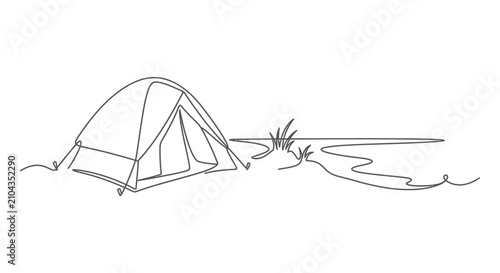 Continuous One Line Drawing of Camping Tent in Nature Landscape